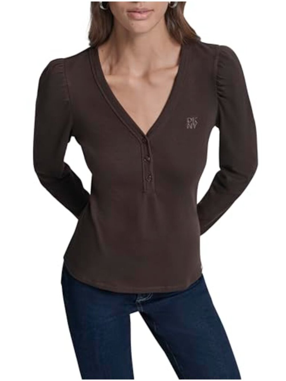 DKNY Long Sleeve Puff Sleeve Ribbed V-Neck Top